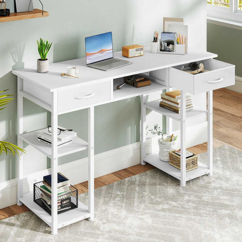 48 Inch Home Office Computer Desk with Fabric Storage Drawer and Shelves, White