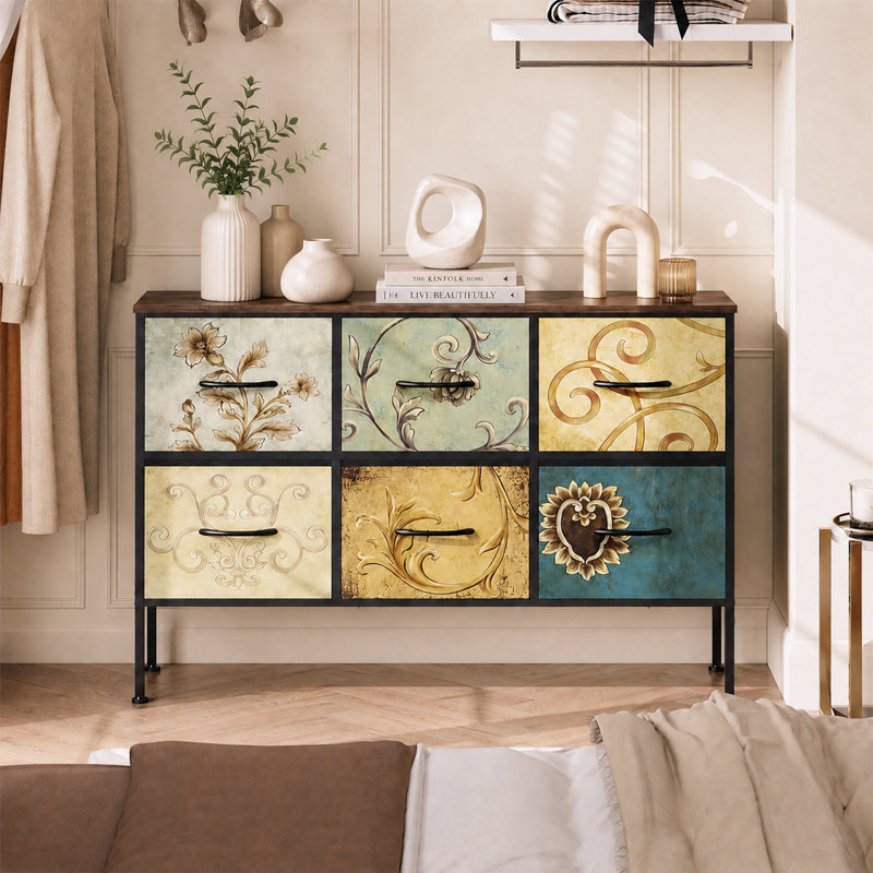 Commode pour chambre à coucher avec 6 tiroirs floraux peints, commode avec cadre en métal, plateau en bois, commode pour placard, salon, couloir