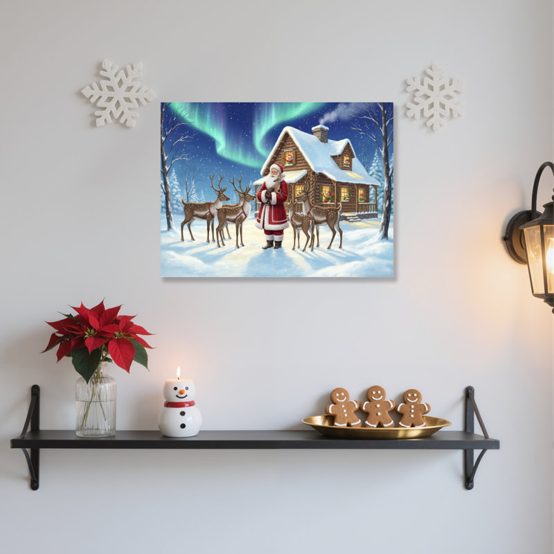 Santa Reindeer Cabin Canvas Wall Art, 12" H x 18" W