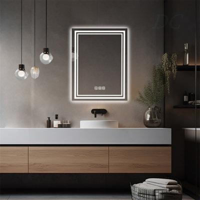 Miroir de salle de bain à DEL 36 po x 28 po à l'avant et à l'arrière, désembuage 5 minutes, miroir de meuble-lavabo mural 5 mm à réflexion intégrale HD, 3 couleurs à intensité variable, CRI90 +, fonction de mémoire (à brancher / câblé)
