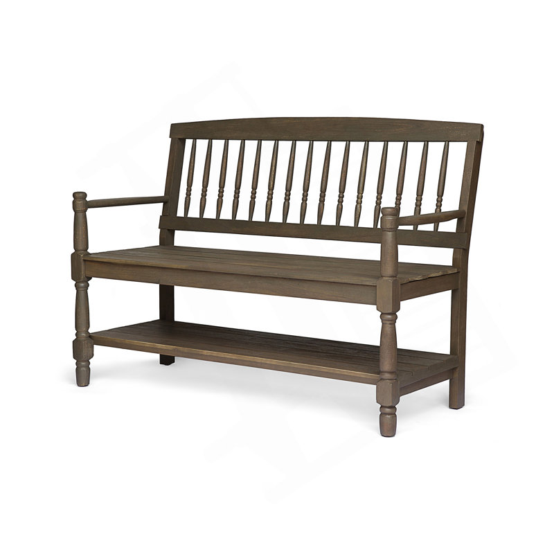 Banc en bois d'acacia Classic Farmhouse avec tablette de rangement intégrée, Gris