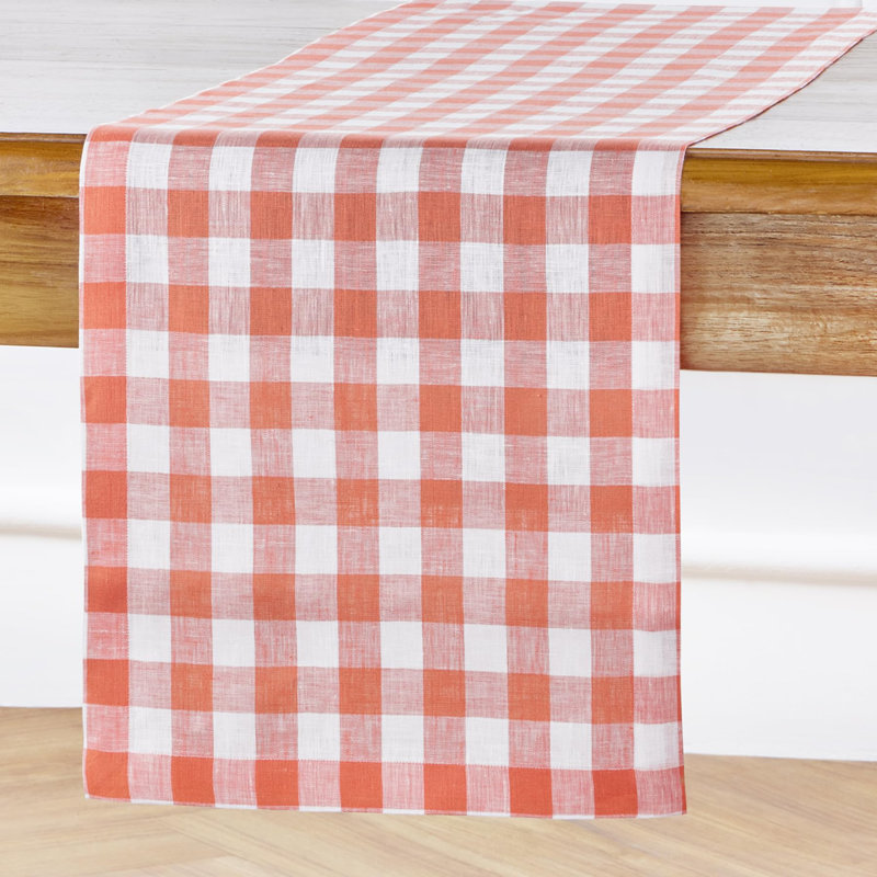 Morgan Check - 100% Pure Linen Table Runner, 120" x 14", Living Coral/White
