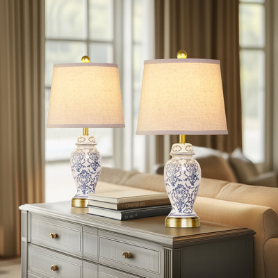 22” Blue White Porcelain Jar Lamp Set With Brass Base(Set Of 2)