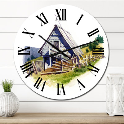 Vieille grange grise dans la campagne - horloge murale rétro
