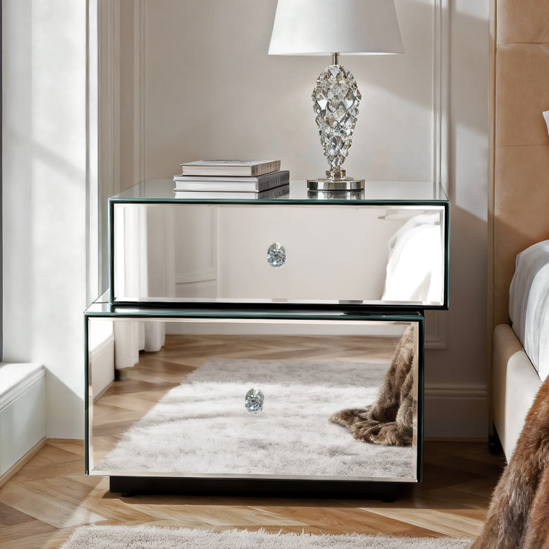 Table de chevet asymétrique Yolanta avec miroir, entièrement assemblée, 2 tiroirs, style glamour contemporain moderne