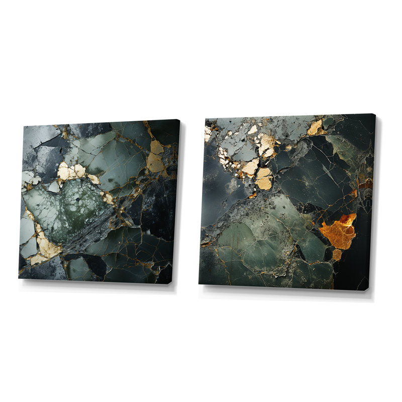 Doré et vert Terrazzo Marble Elegance I - Ensemble de 2 reproductions de toiles abstraites, Toile tendue