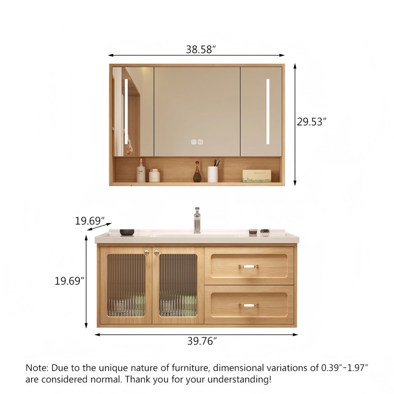 Meuble-lavabo mural en bois d'hévéa massif, de style bois naturel, avec lavabo en céramique intégré et armoire à miroir intelligent
