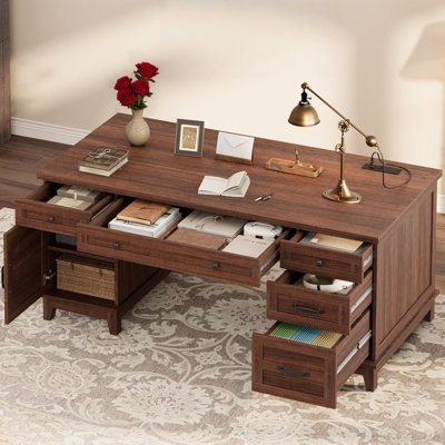 Executive Desk with Power Outlet, Home Office Desk with Drawers, Wooden Work Desk with File Cabinet, Computer Desk for Work, Study, Writing