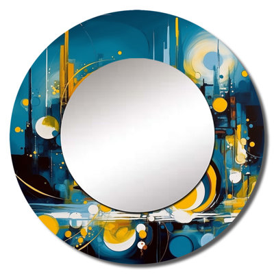 Shavera Blue And Yellow Fluid Stone II - Marble Large Mirror, Modern Round Unique Wall Mirror Decor, Printed Metal Art