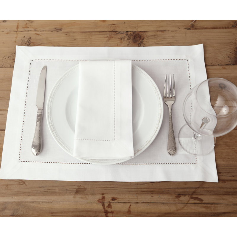 Cotton Linen Hemstitch Dinner Napkins, White