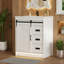 Farmhouse-Style Bathroom Vanity Set With Sliding Barn Door Cabinets, Storage Drawers, And A Small Single Basin Design.