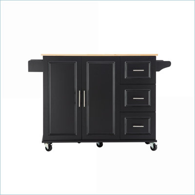Chariot pour îlot de cuisine avec plateau en bois d'hévéa extensible, rangement et amp; Roulettes | Noir | Panneau de fibres à densité moyenne