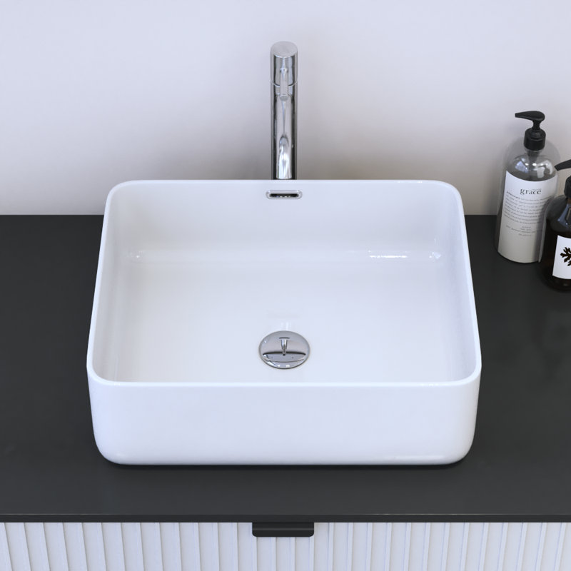 Meble Furniture 12.4" White Ceramic Rectangular Vessel Bathroom Sink with Overflow