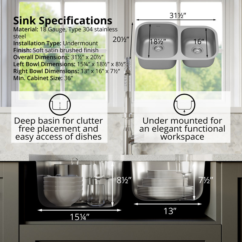 Karran Stainless Steel 31-1/2'' X 20-1/2'' 60/40 Double Bowl Undermount Kitchen Sink Kit, 18-Gauge