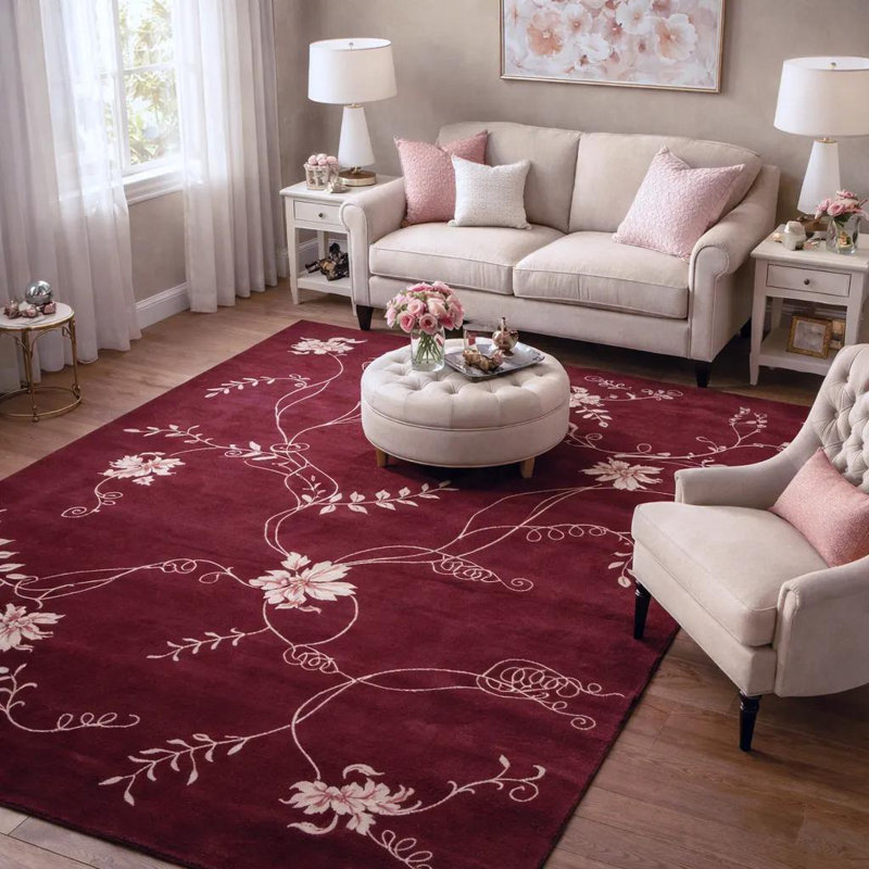 Très grand tapis floral en laine noué à la main rose, rouge et crème Caines Authentic, Rectangle 7 pi 9 po x 10 pi 6 po