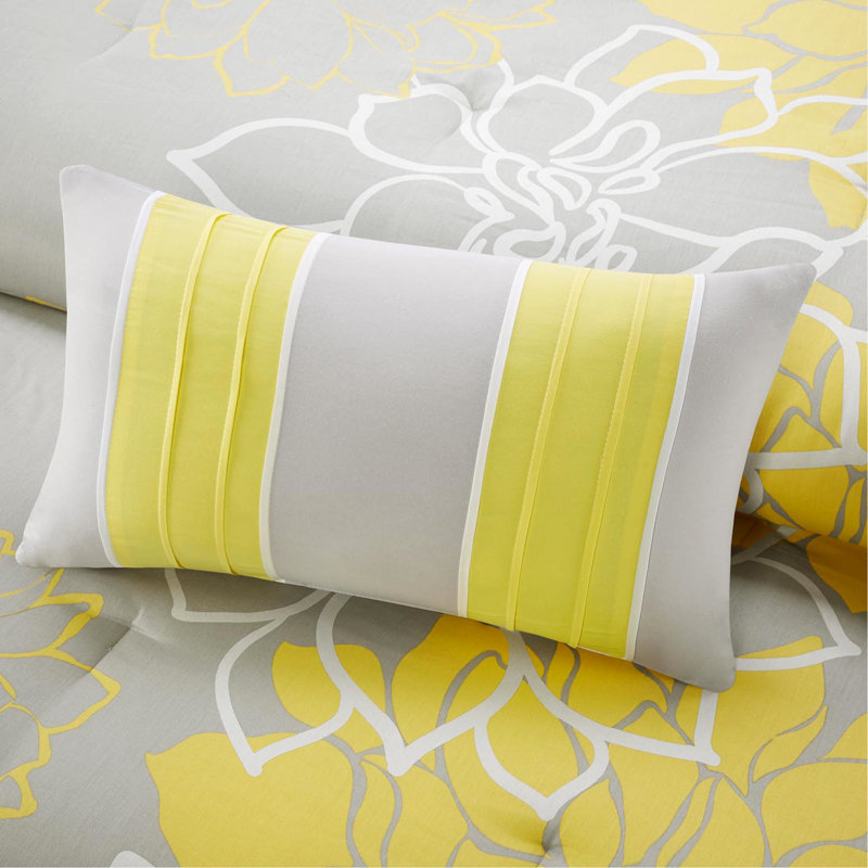 King Comforter Taupe Grey/yellow - Printed Cotton , 3 Decorative Pillows, Bedding Size Grey/yellow, Print, , Bed Skirt