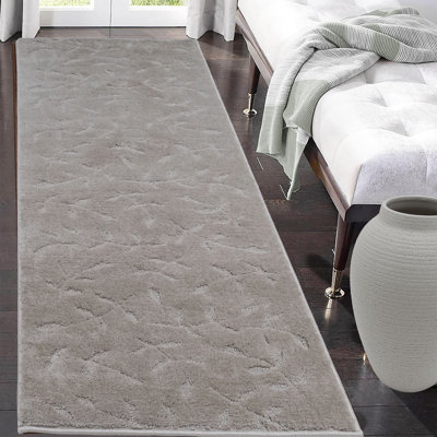 Floral Scroll Leaves Sand Grey Medium Pile Slip Resistant Rug