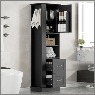 Grande armoire de rangement pour salle de bain, armoire de rangement autoportante avec crochet et tablette réglable, panneau de fibres à densité moyenne, noir, armoire de porte supérieure avec tablette intégrée et deux tiroirs inférieurs