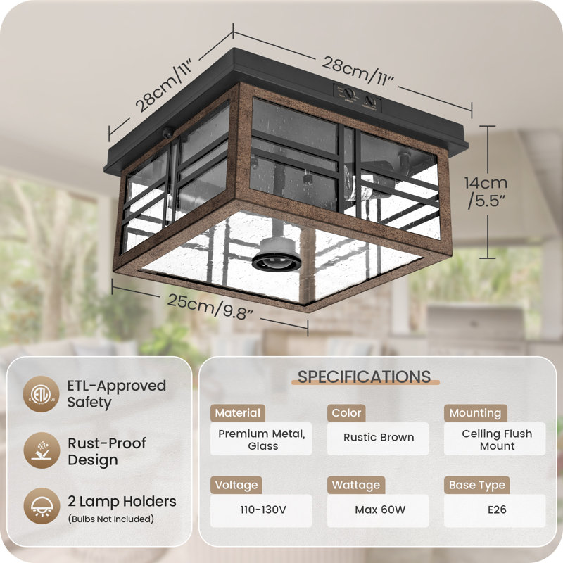2-Light Motion Sensor Outdoor Flush Mount Ceiling Light With Bubble Glass, Farmhouse