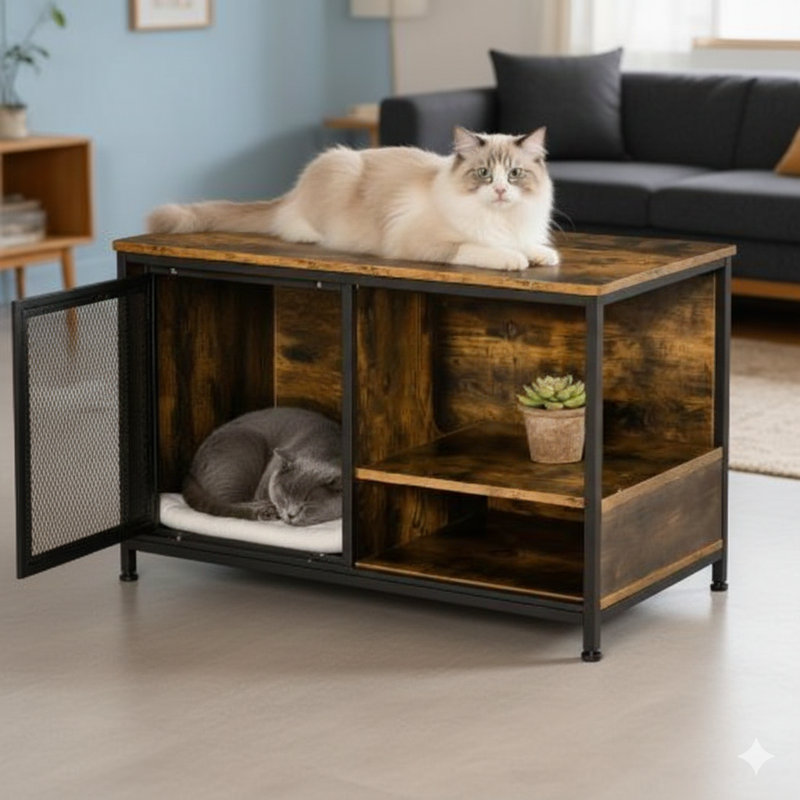 Maison pour chat en bois conçue pour servir de table de bout.