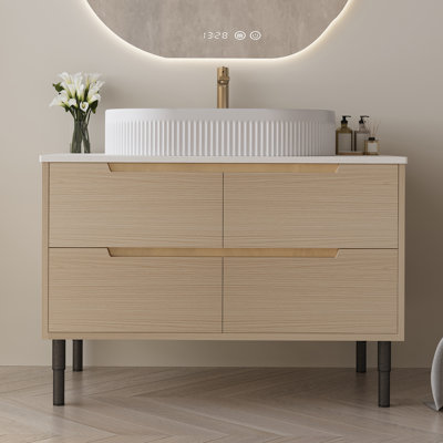 Meuble-lavabo 36 po, autoportant ou mural, lavabo intégré en céramique, 4 tiroirs à fermeture en douceur, finition blanc / bois