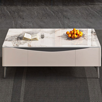 Creamy-white Black Sintered Stone Manufactured Wood Carbon Steel Rectangular Coffee Table