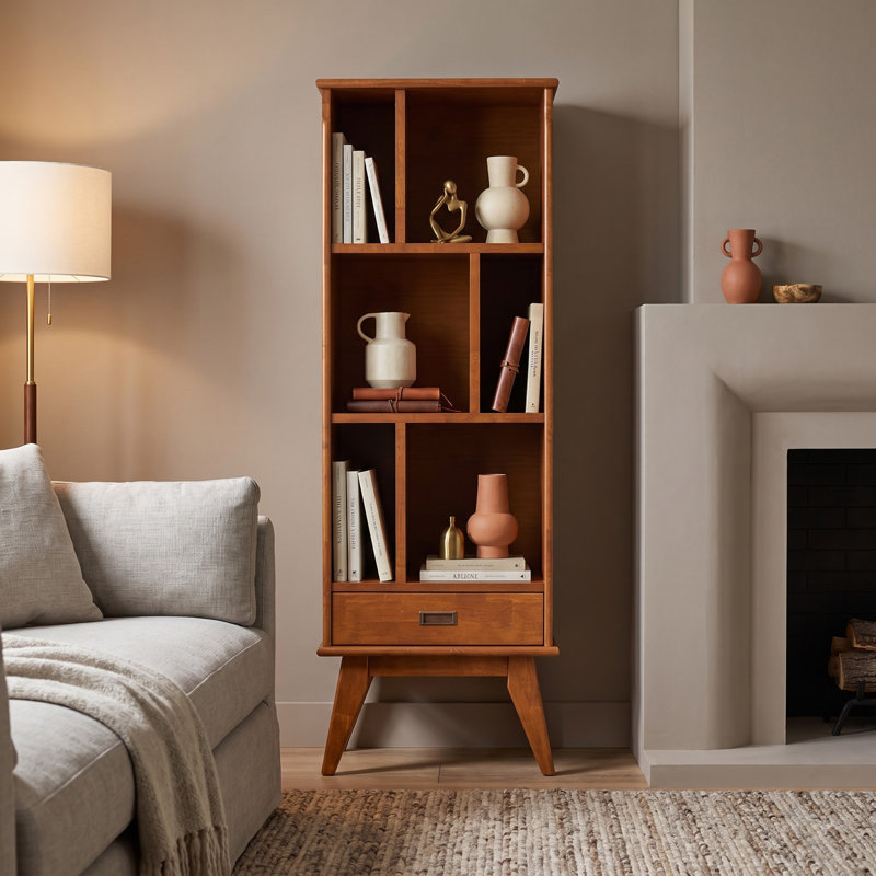 Bibliothèque moderne Mid-Century Draper H 64 "avec tablettes réglables et pieds inclinés, Brun teck