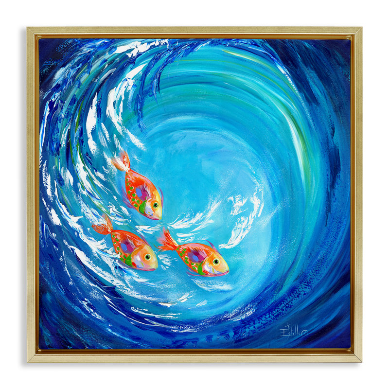 "Into The Blue Fish", art mural sur toile flottante par Estelle Grengs, Cadre flottant métallique doré, H 25 po x l 25 po