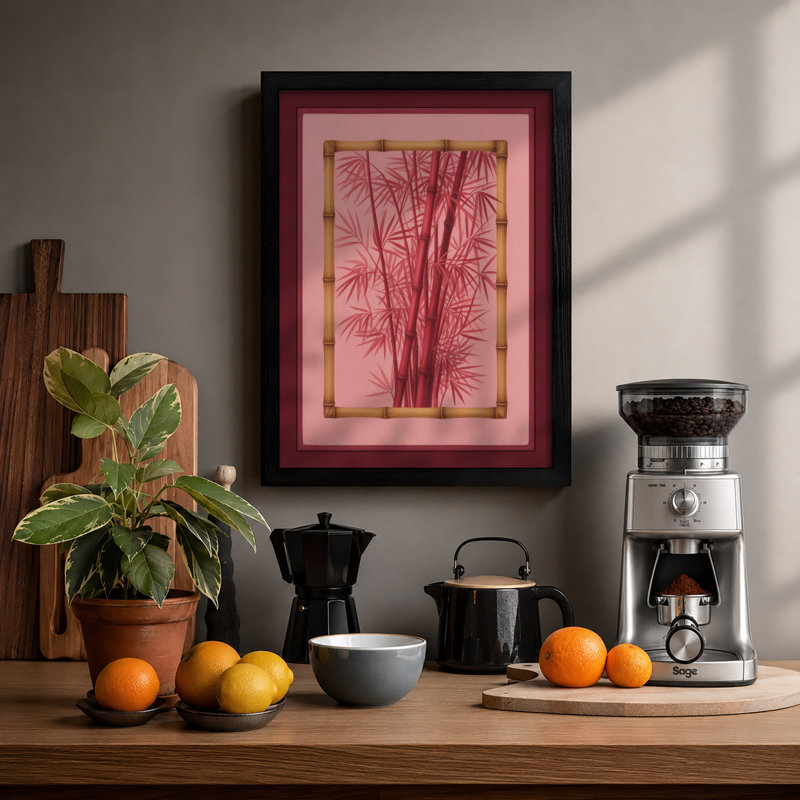 Bamboo Study in Red Botanical - Framed Print, A1 - 84.1 x 59.4 cm, Black
