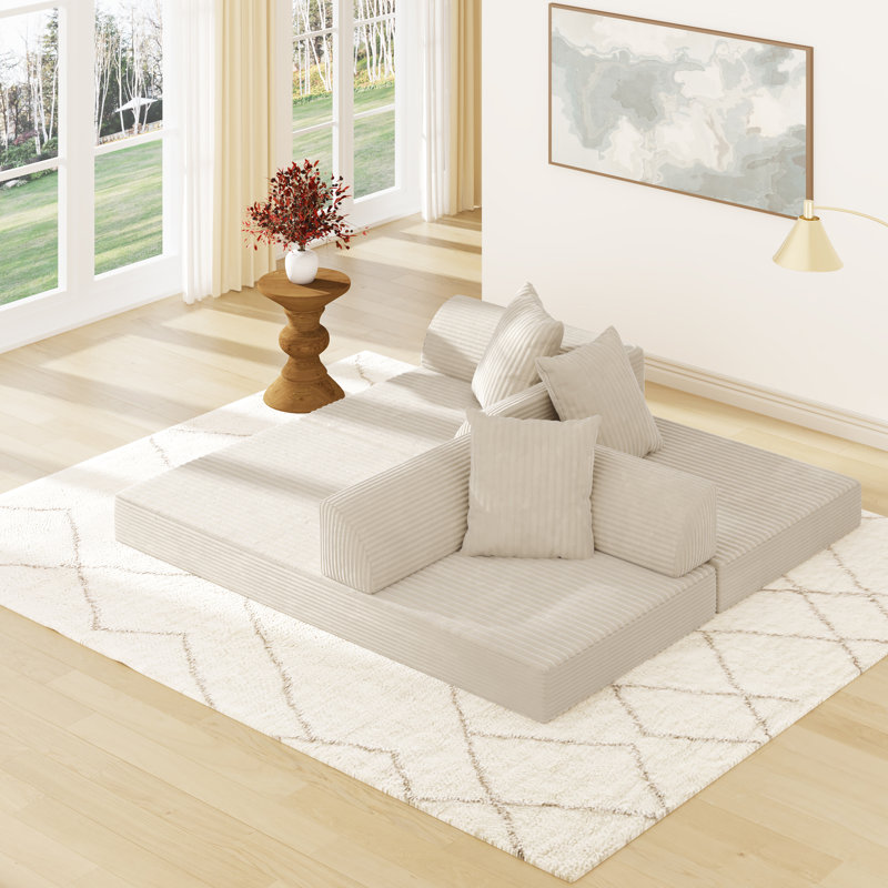 Boneless 79" Corduroy Convertible Loveseat Sleeper With Pillows & Armrest Storage Pockets, Beige