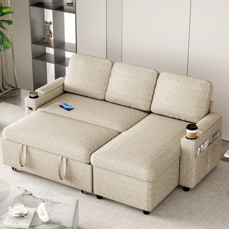 3 Seater Fabric Sofa & Chaise, Beige Fabric