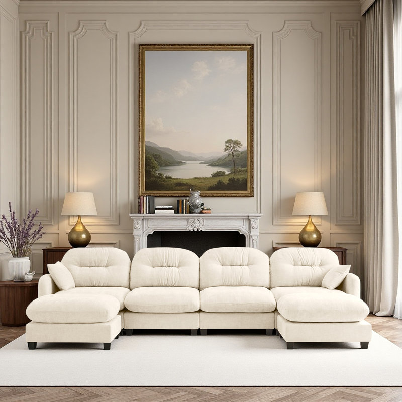 Canapé modulaire en U avec repose-pieds et canapé en chenille, Chenille beige