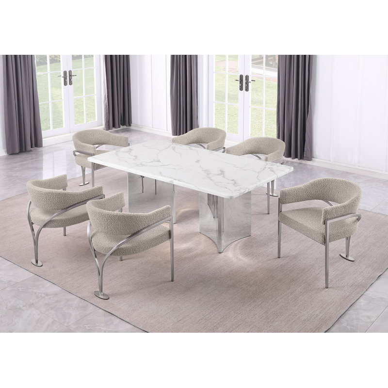 Ensemble de salle à manger en marbre blanc Grand avec chaises d'appoint en tissu Boucle, Gris, Argent argent