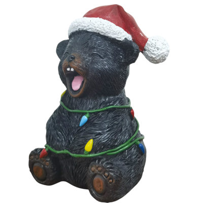 Polyresin Christmas Black Bear Cub Santa Hat in Holiday Lights Freestanding Tabletop Figurine