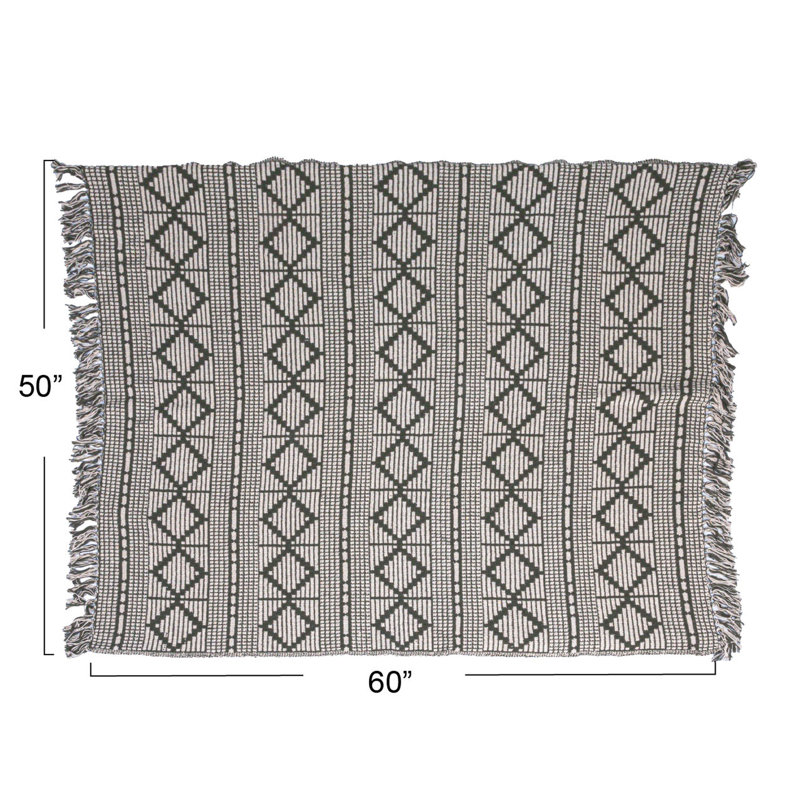Soft Recycled Cotton Blend Throw with Diamond Pattern, Green