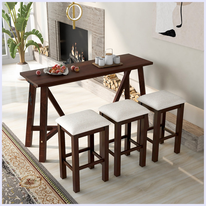 Ensemble de table de salle à manger en bois 4 pièces Casterton avec 3 tabourets rembourrés, mobilier de cuisine polyvalent