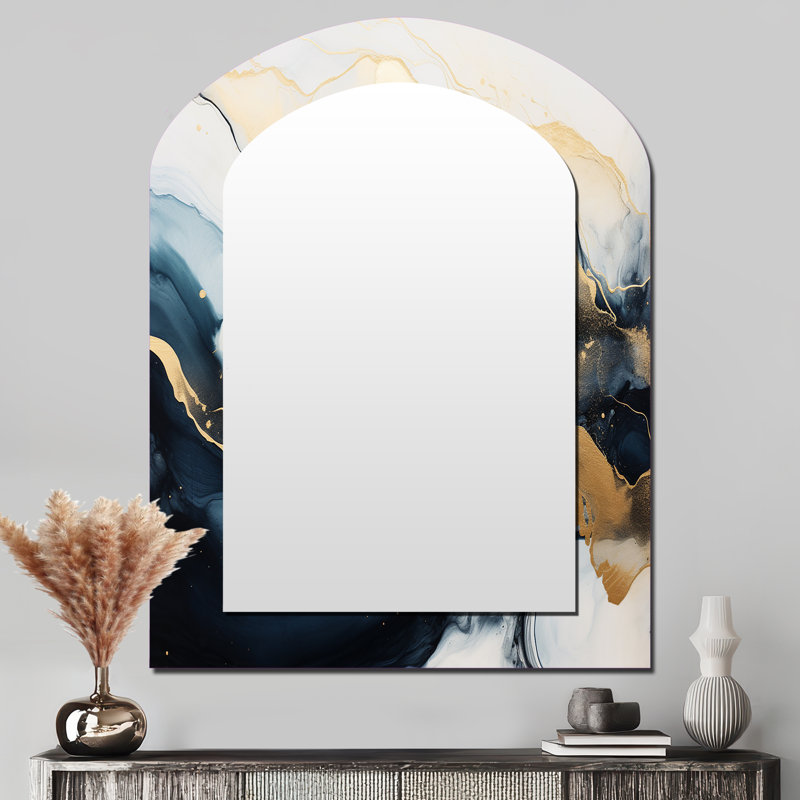 Gold and blue Abstract marble ink II - Marble Arch Mirror, Gold Asymmetrical Unique Wall Mirror, Printed Metal Art, 43" x 33"