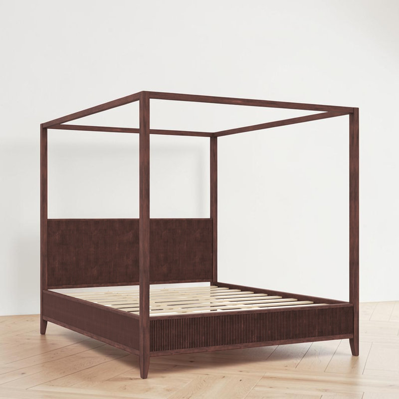 Lit plateforme à baldaquin en bois, tête et pied de lit cannelés, moderne, chambre à coucher, Grand lit, Espresso