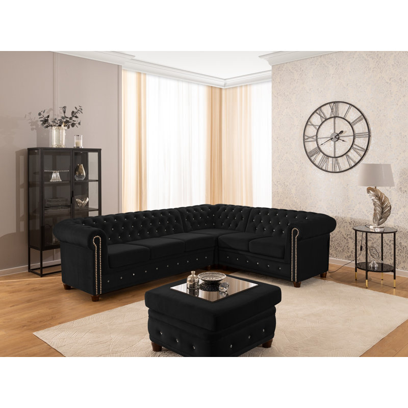 Chesterfield Corner Sofa L-Shape Cleo Blink in Velvet with Crystal Tufting, Right-Hand Facing, Black