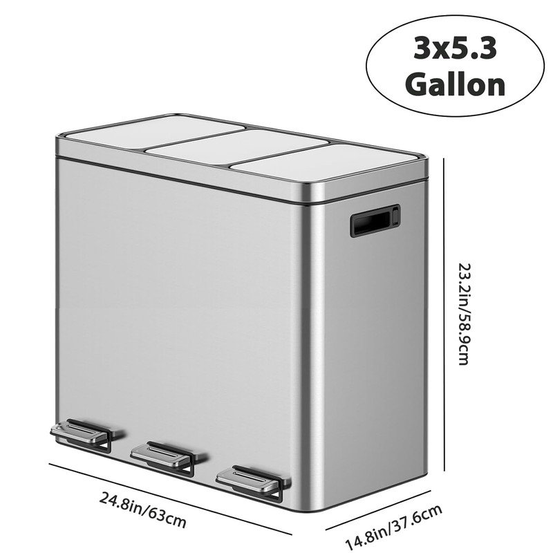 Stainless Steel Step On Multi-Compartments Trash & Recycling Bin - 16 Gallons