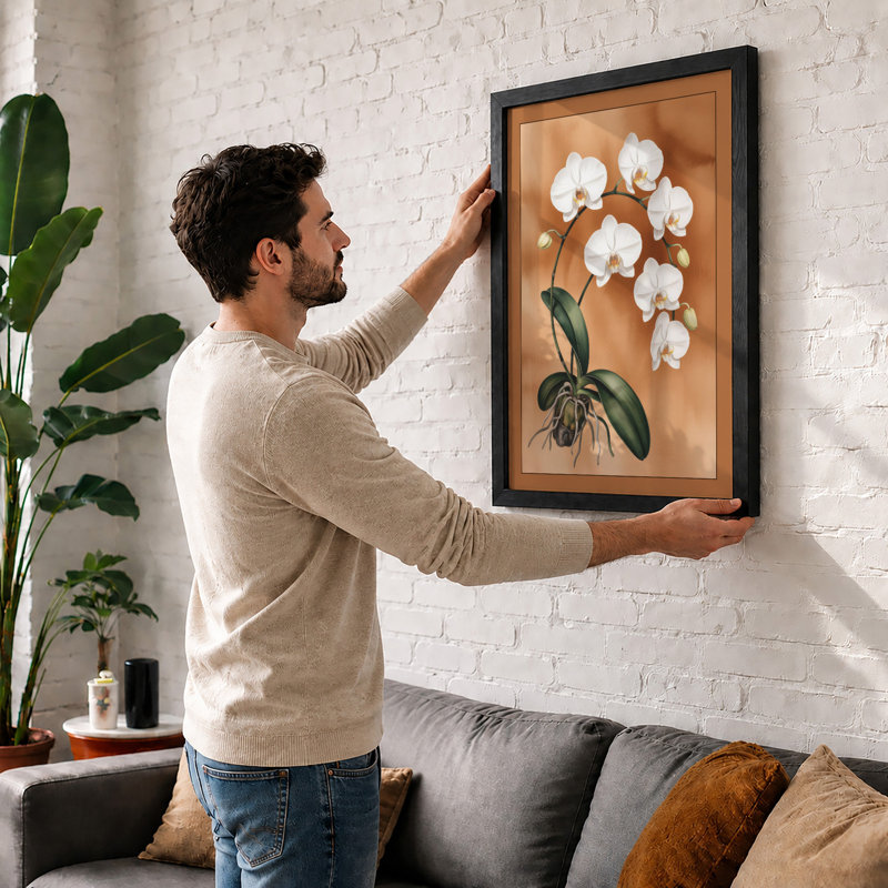 White Orchid Study Botanical - Print, A2 - 59.4 x 42.0 cm, Walnut