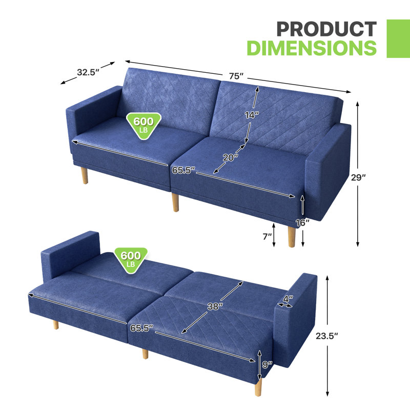 Canapé-lit futon convertible Mid-Century, Coton / lin bleu