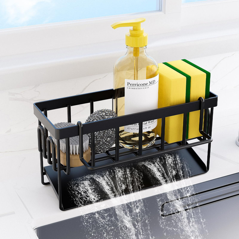 Organisateur pour évier de cuisine en fer antirouille, support éponge peu encombrant avec drainage automatique, fixation murale et portable