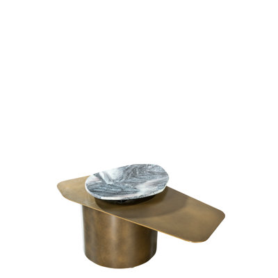 Modern Irregular Alexis Marble Top Coffee Table with 360° Swivel Top – Sculptural Metal Base in Brass Finish