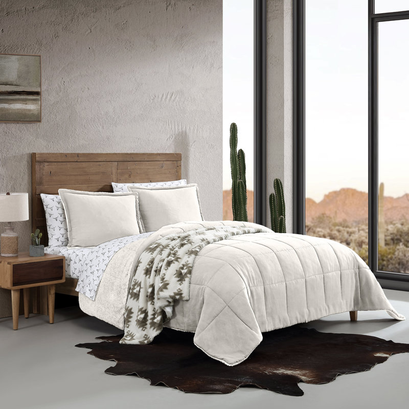 Wrangler Legendary Solid Microsuede/Sherpa Reversible Comforter Set, Queen Comforter + 2 Standard Shams, Ivory