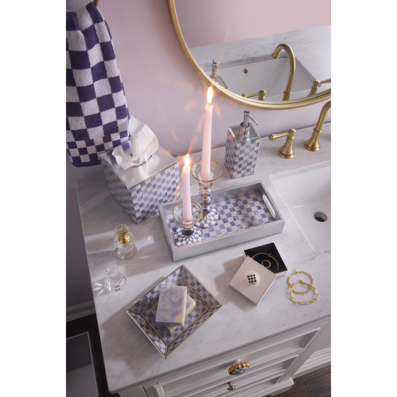 Violet Check Large Glass Candlestick, 7.25" H x 2.75" W x 2.75" D