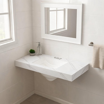 Comptoir de salle de bain en pierre frittée blanche de Carrare de 48 pouces avec lavabo en céramique encastré et trois trous prépercés pour robinetterie standard