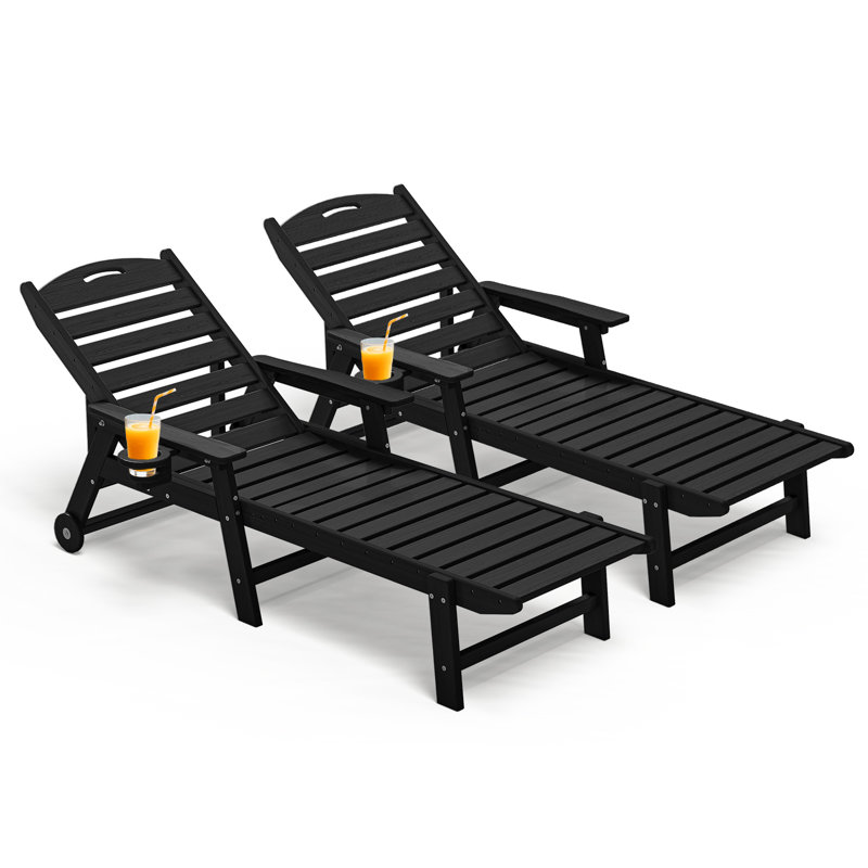 Oversized HDPE Chaise Lounges – Adjustable 5-Position Outdoor Recliners with Wheels & Cup Holders, Weather-Resistant for Patio, Pool, Garden