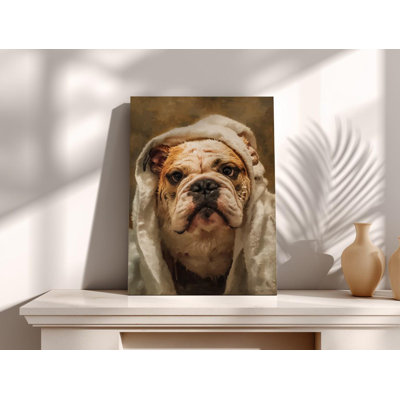 Art de bouledogue anglais sur toile: Drôle de chien dans une serviette, portrait d'un animal de compagnie