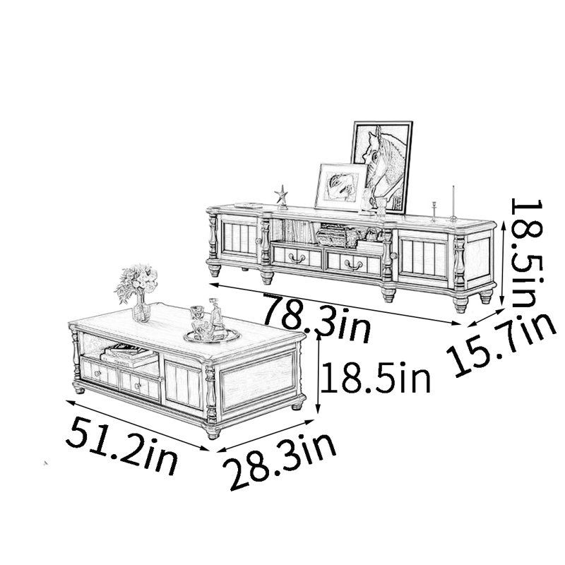 Meuble télé et table basse de style américain, Brun